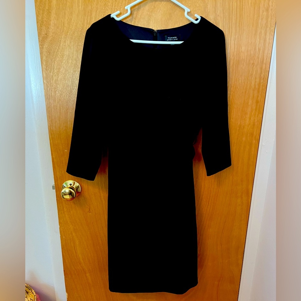 Tahari gathered waist 3/4 length sleeve black sheath dress